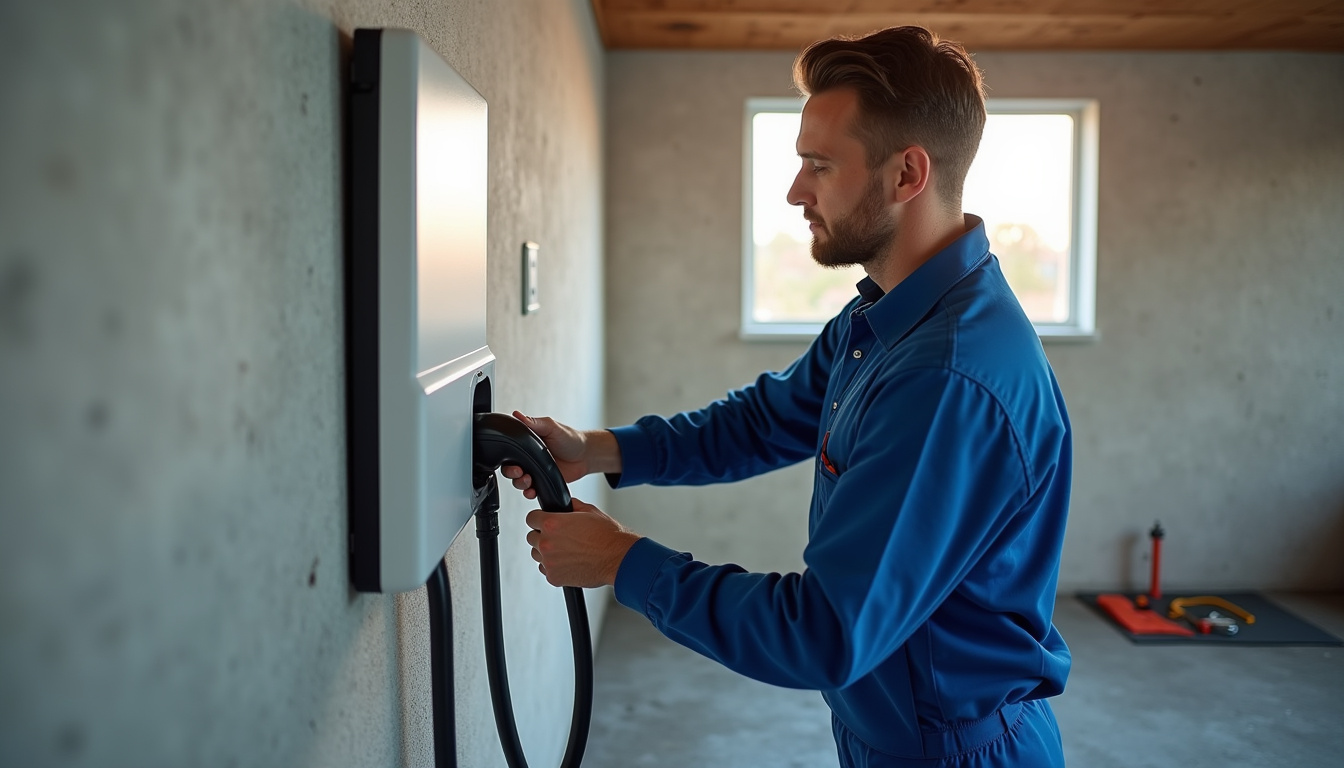 Électricien en train d'installer une borne de recharge murale dans une maison à Laillé