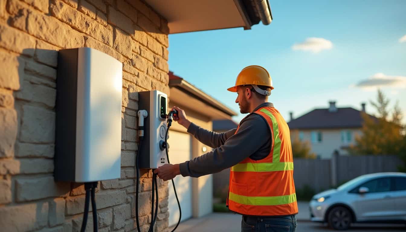 Électricien en train d’installer une borne de recharge murale devant un garage à Chamagnieu