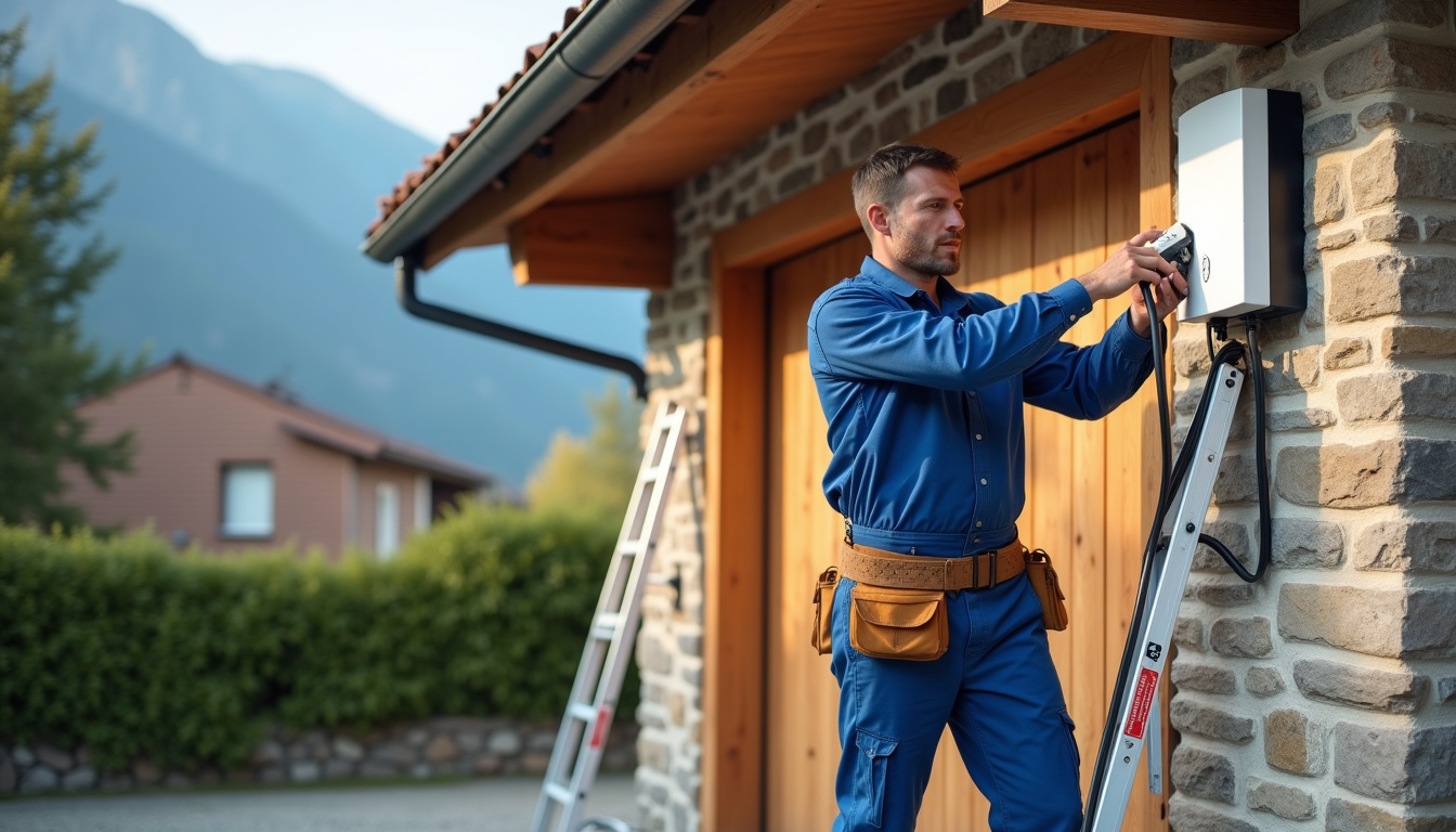 Électricien en train d’installer une borne de recharge murale devant un garage à Groisy, en tenue de travail et avec outils