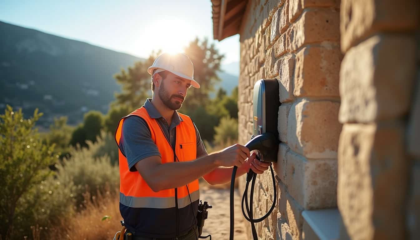 Électricien en train d'installer une borne de recharge murale en Haute-Corse