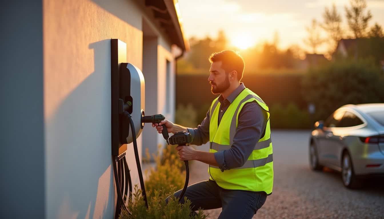 Électricien en train d’installer une borne de recharge murale pour voiture électrique