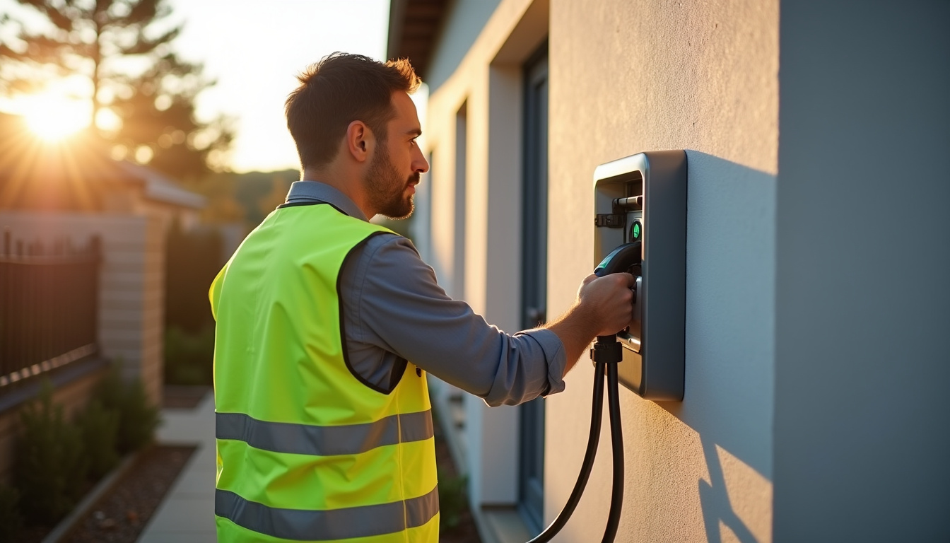 Électricien en train d’installer une borne de recharge murale pour voiture électrique