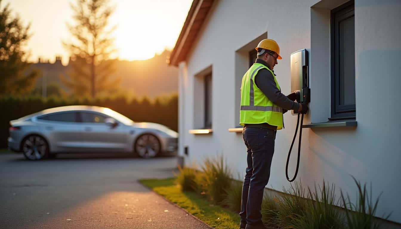 Électricien en train d'installer une borne de recharge murale près d'un véhicule électrique