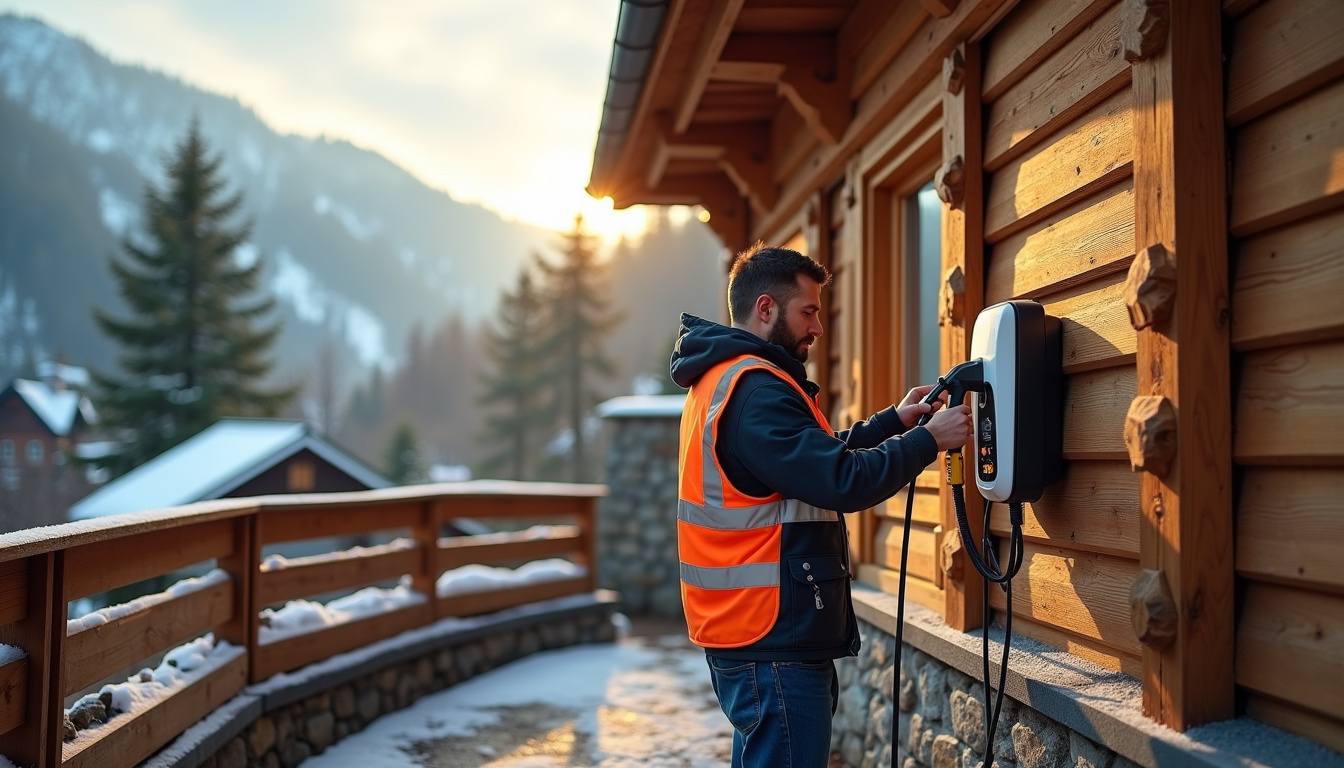 Électricien en train d’installer une borne de recharge murale sur la façade d’un chalet à Villard-de-Lans
