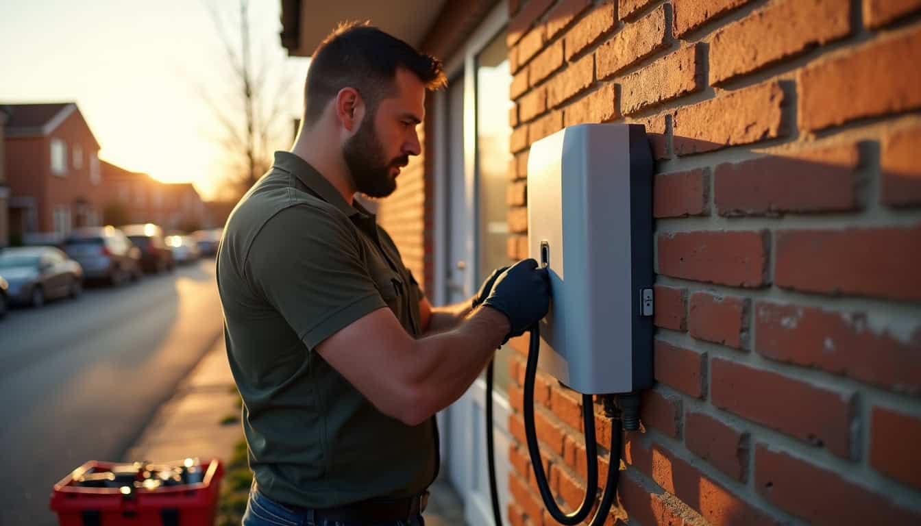 Électricien en train d’installer une borne de recharge murale sur un mur extérieur à Angerville