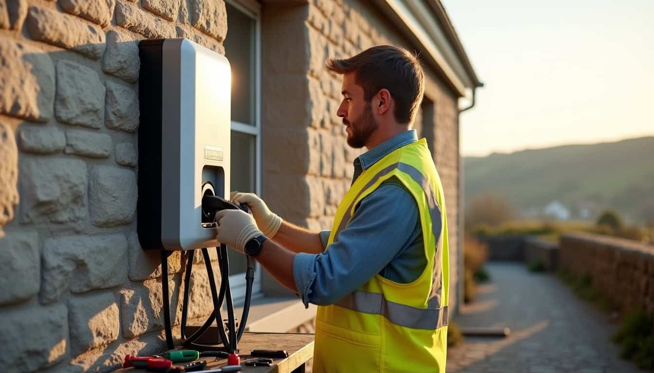 Électricien en train d'installer une borne de recharge murale sur un mur extérieur à Plouider