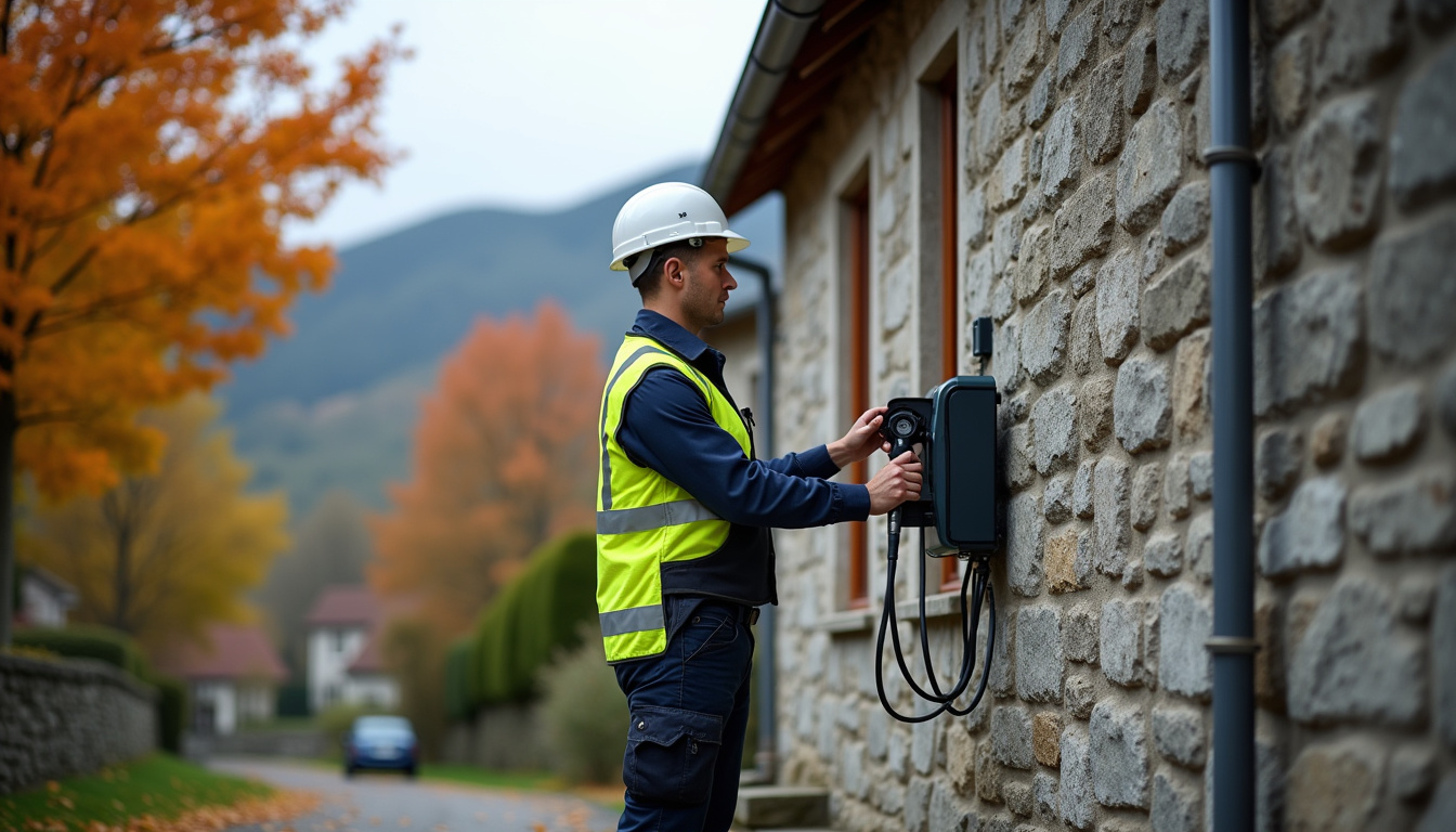 Électricien en train d'installer une borne de recharge murale sur un mur extérieur à Saint-Victor-de-Morestel