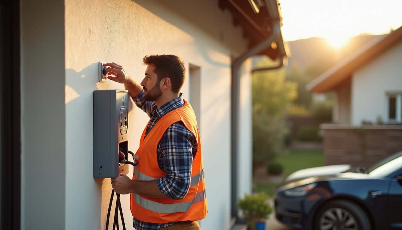 Électricien en train d'installer une borne de recharge murale sur un mur extérieur d'une maison à La Boisse