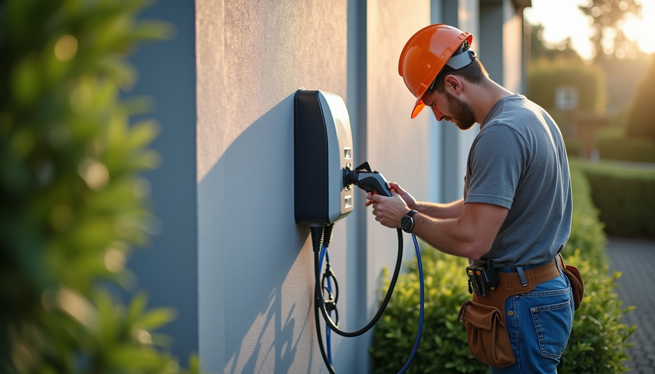 Électricien en train d'installer une borne de recharge murale sur un mur extérieur d'une maison à Lusigny, avec matériel de protection et outils professionnels
