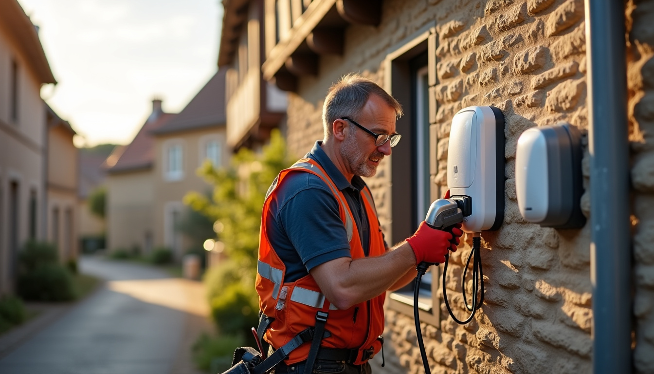 Électricien en train d’installer une borne de recharge murale sur un mur extérieur d’une maison à Mortagne-au-Perche