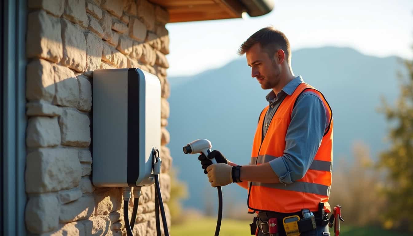 Électricien en train d’installer une borne de recharge murale sur un mur extérieur d’une maison à Vinezac