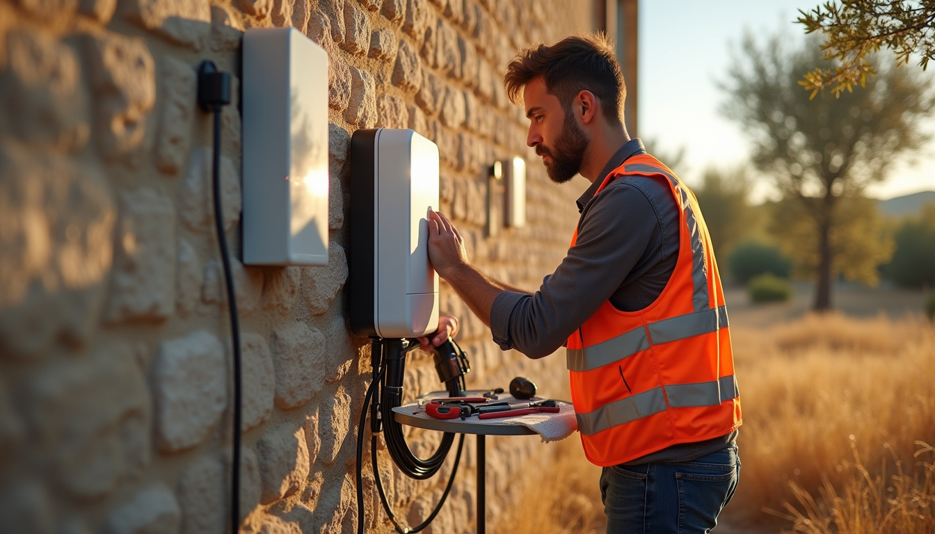 Électricien en train d'installer une borne de recharge murale sur un mur extérieur