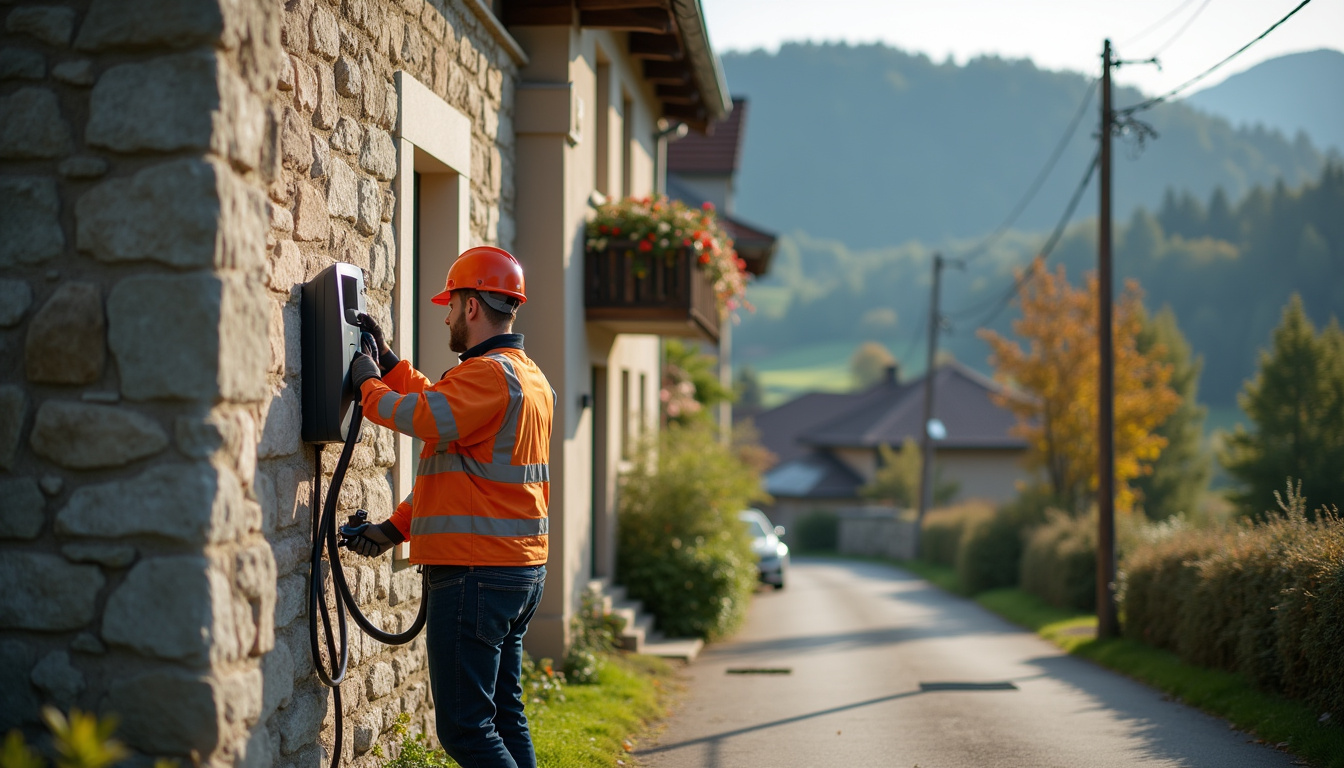 Électricien en train d'installer une borne de recharge murale sur une habitation individuelle dans le Jura