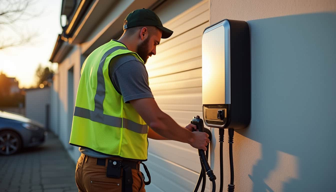 Électricien en train d'installer une borne de recharge pour un véhicule électrique à Château-Chinon (Ville)