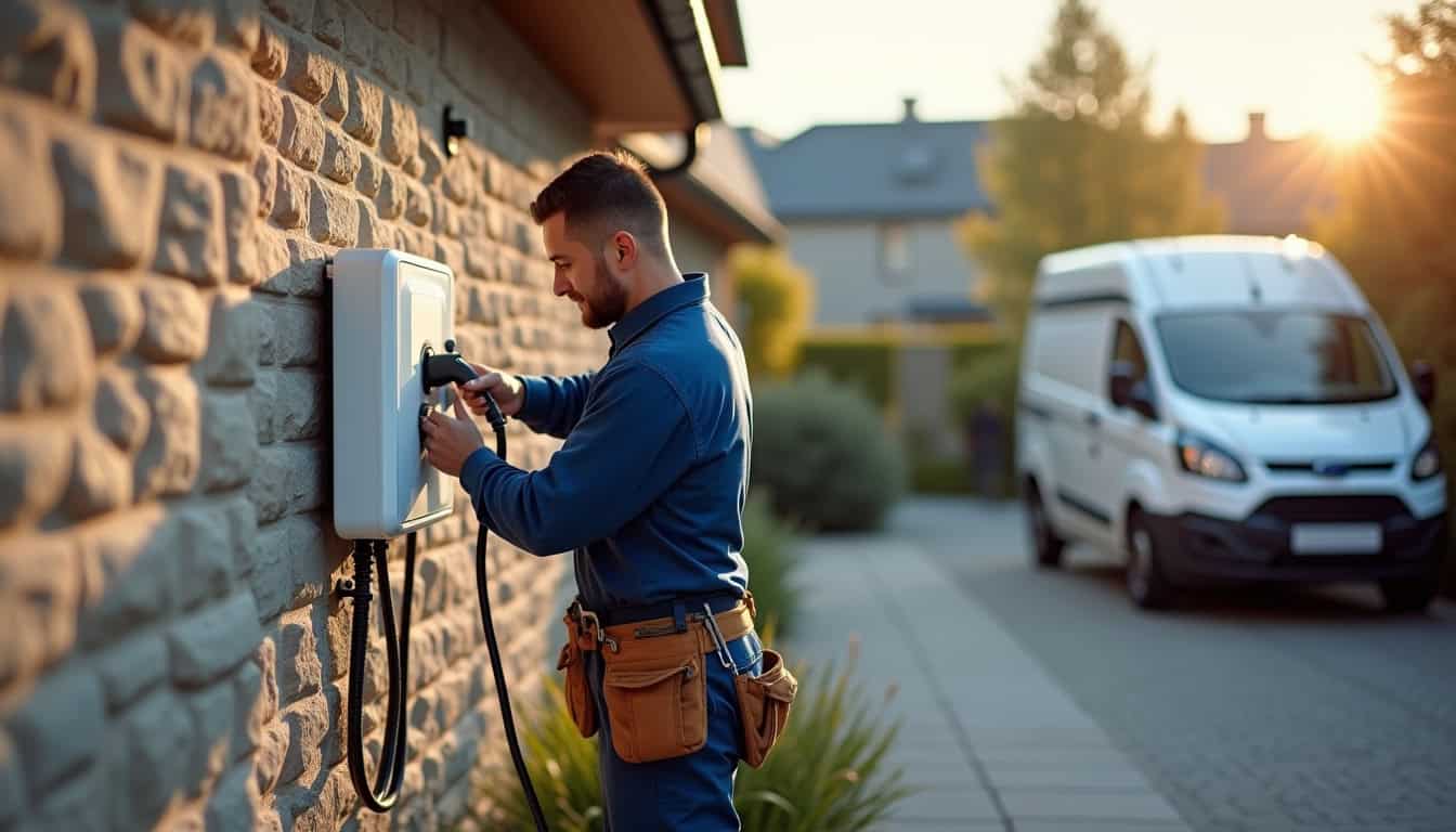 Électricien en train d'installer une borne de recharge pour véhicule électrique à Aubord