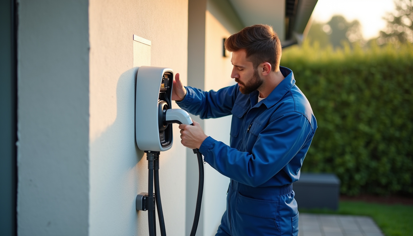 Électricien en train d'installer une borne de recharge pour véhicule électrique à Belleneuve