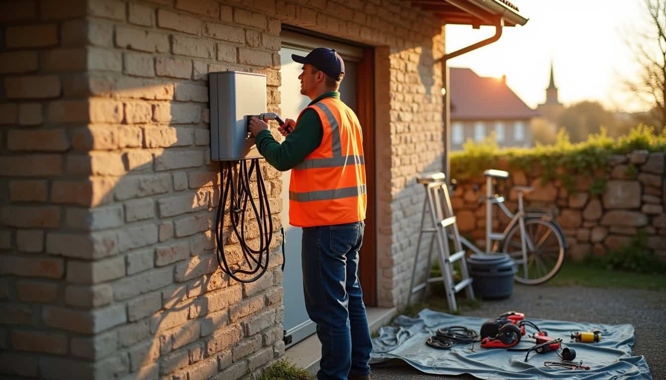 Électricien en train d’installer une borne de recharge pour véhicule électrique à Château-Salins