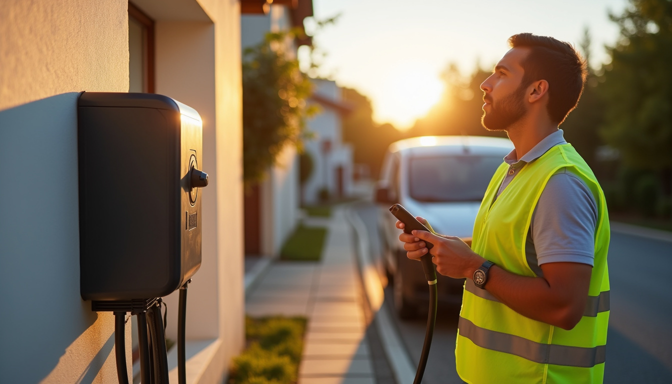 Électricien en train d'installer une borne de recharge pour véhicule électrique à Frans