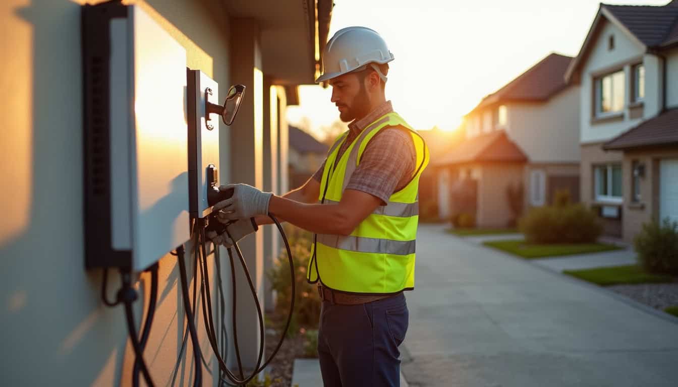 Électricien en train d'installer une borne de recharge pour véhicule électrique à Harcourt