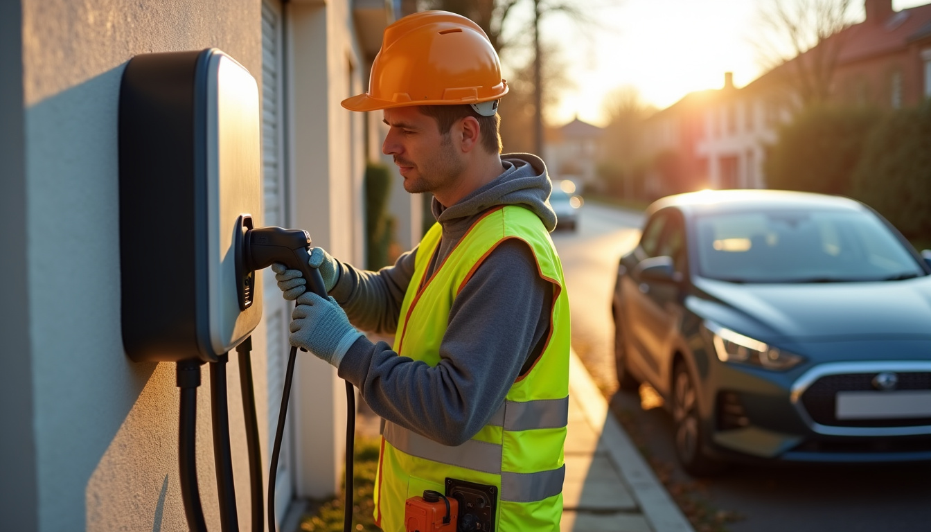 Électricien en train d’installer une borne de recharge pour véhicule électrique à Livry-sur-Seine