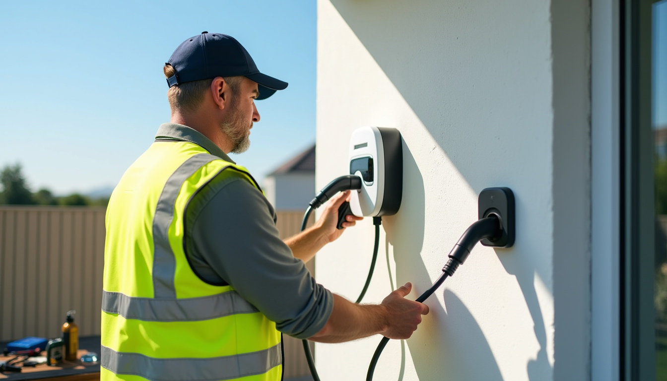 Électricien en train d’installer une borne de recharge pour véhicule électrique à Luzancy