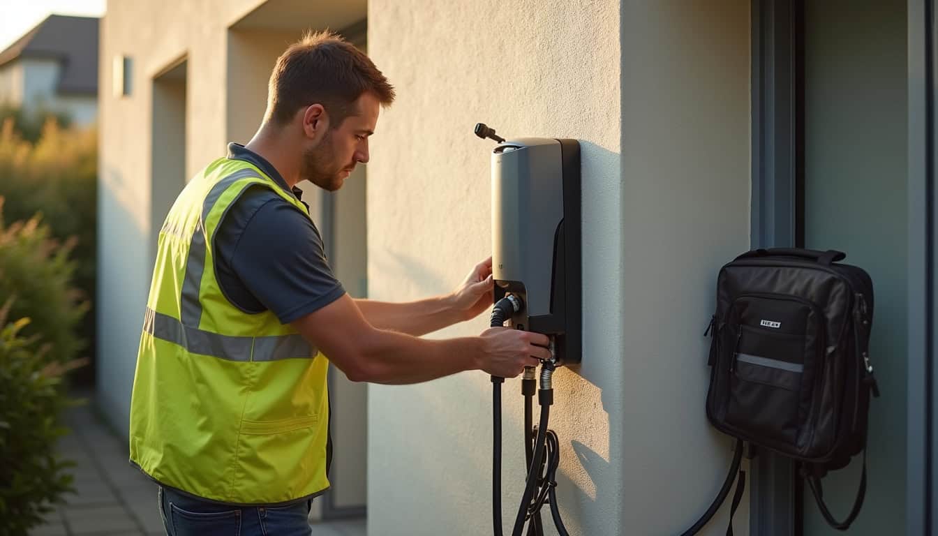 Électricien en train d'installer une borne de recharge pour véhicule électrique à Plomelin