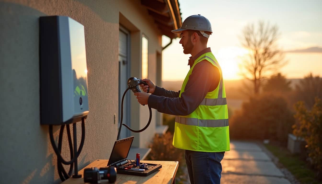 Électricien en train d’installer une borne de recharge pour véhicule électrique à Pont-Audemer