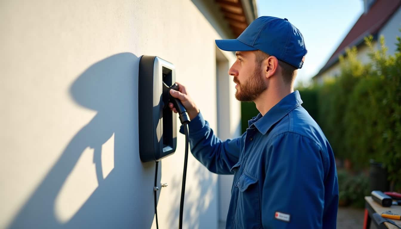 Électricien en train d'installer une borne de recharge pour véhicule électrique à Saint-Beauzire