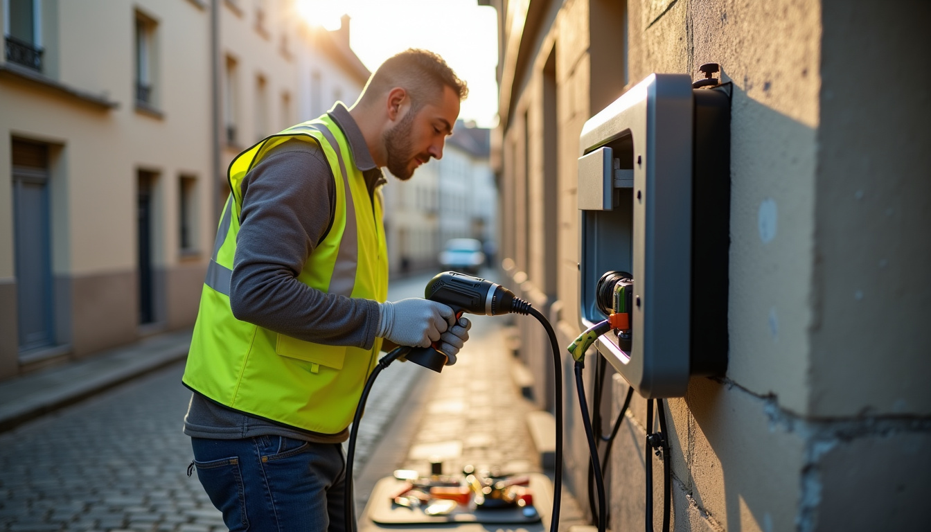 Électricien en train d'installer une borne de recharge pour véhicule électrique à Saint-Josse