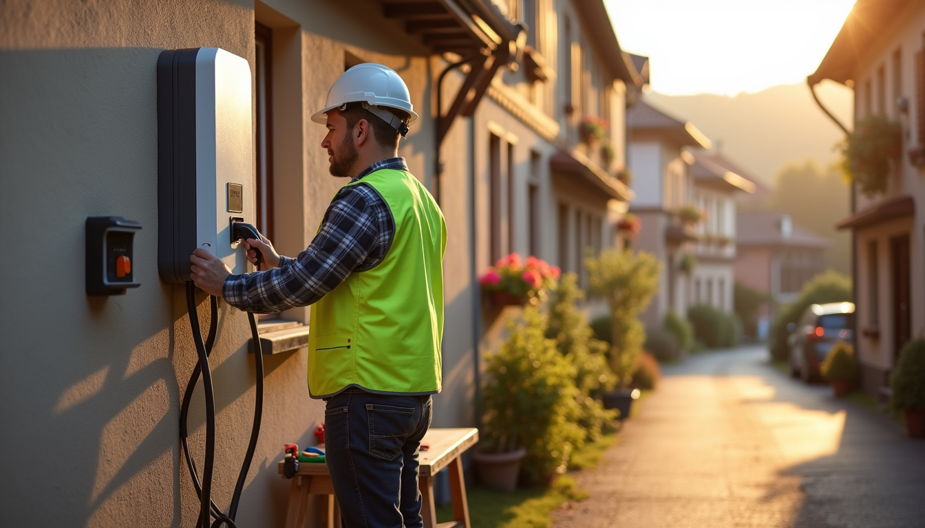 Électricien en train d’installer une borne de recharge pour véhicule électrique à Schwindratzheim