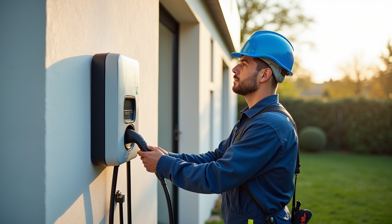 Électricien en train d'installer une borne de recharge pour véhicule électrique à Villers-sur-Coudun