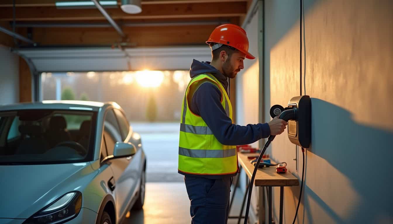 Électricien en train d'installer une borne de recharge pour véhicule électrique dans un garage à Exincourt