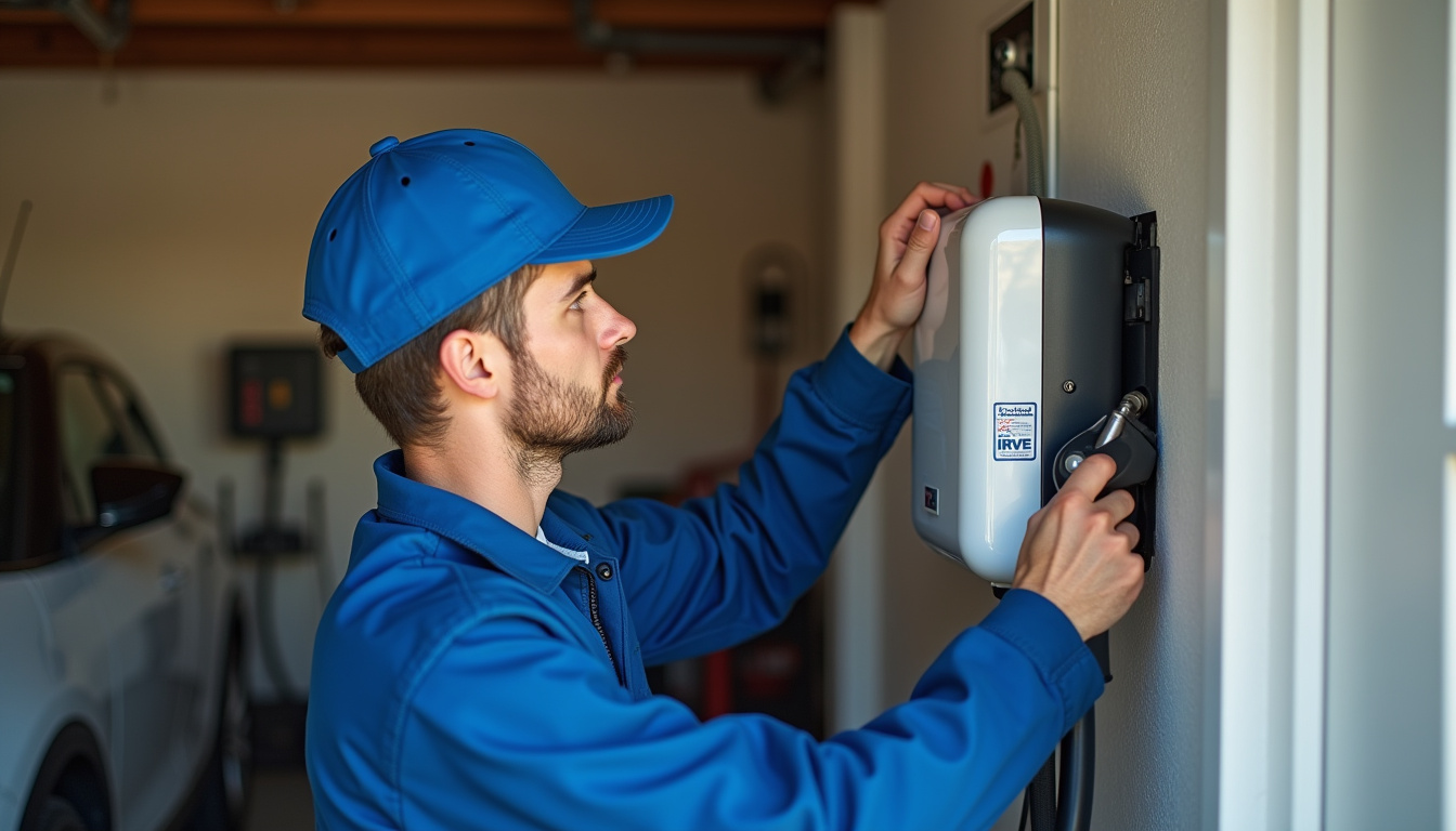 Électricien en train d'installer une borne de recharge pour véhicule électrique dans un garage à Laroque-des-Albères