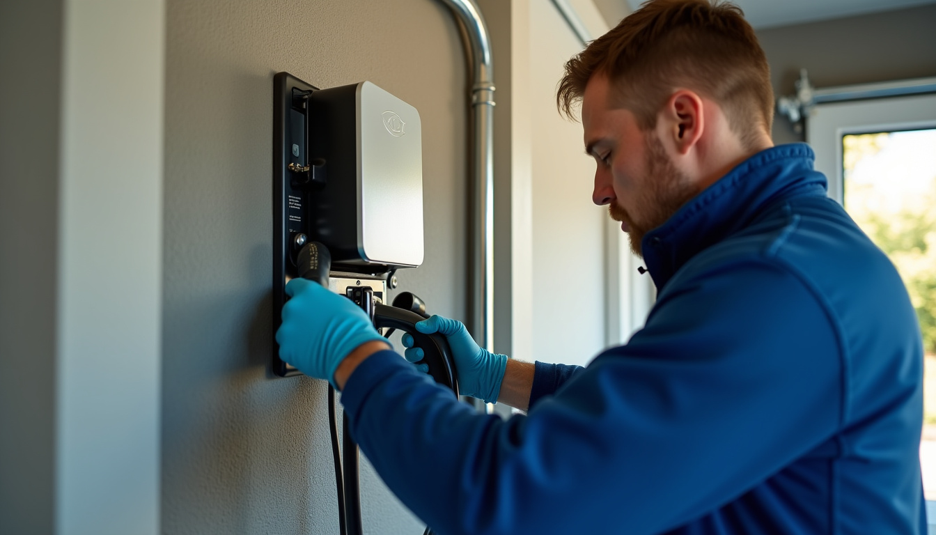Électricien en train d’installer une borne de recharge pour véhicule électrique dans un garage