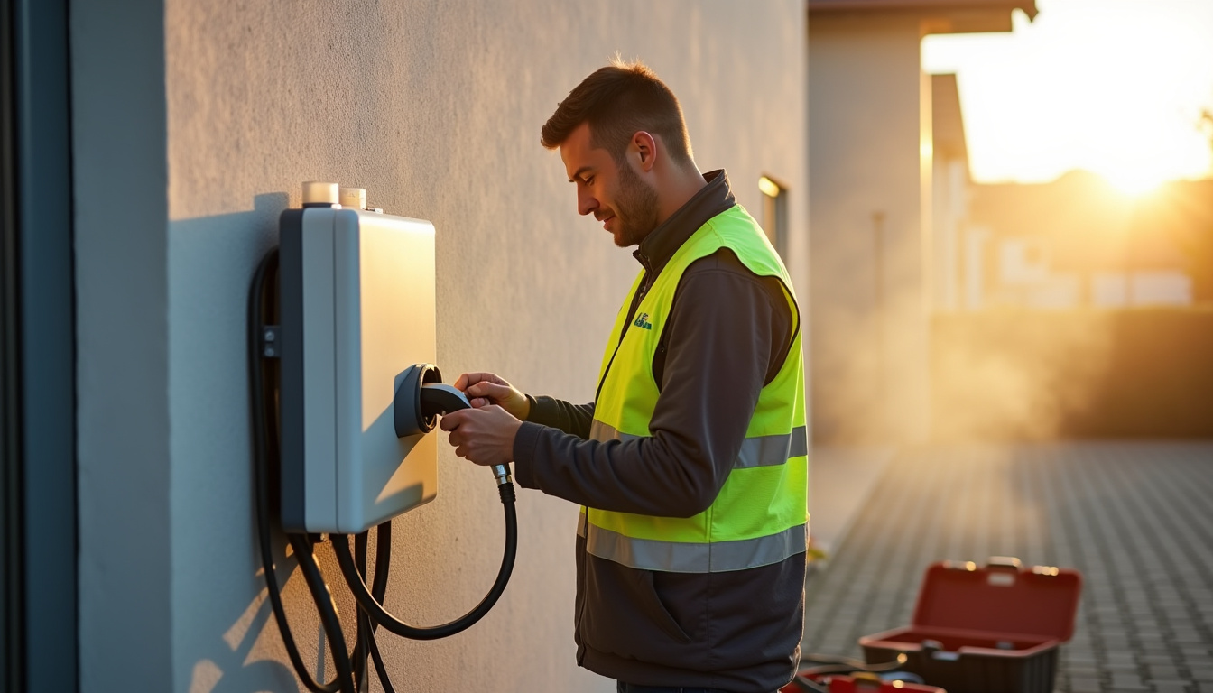 Électricien en train d'installer une borne de recharge pour véhicule électrique en Moselle