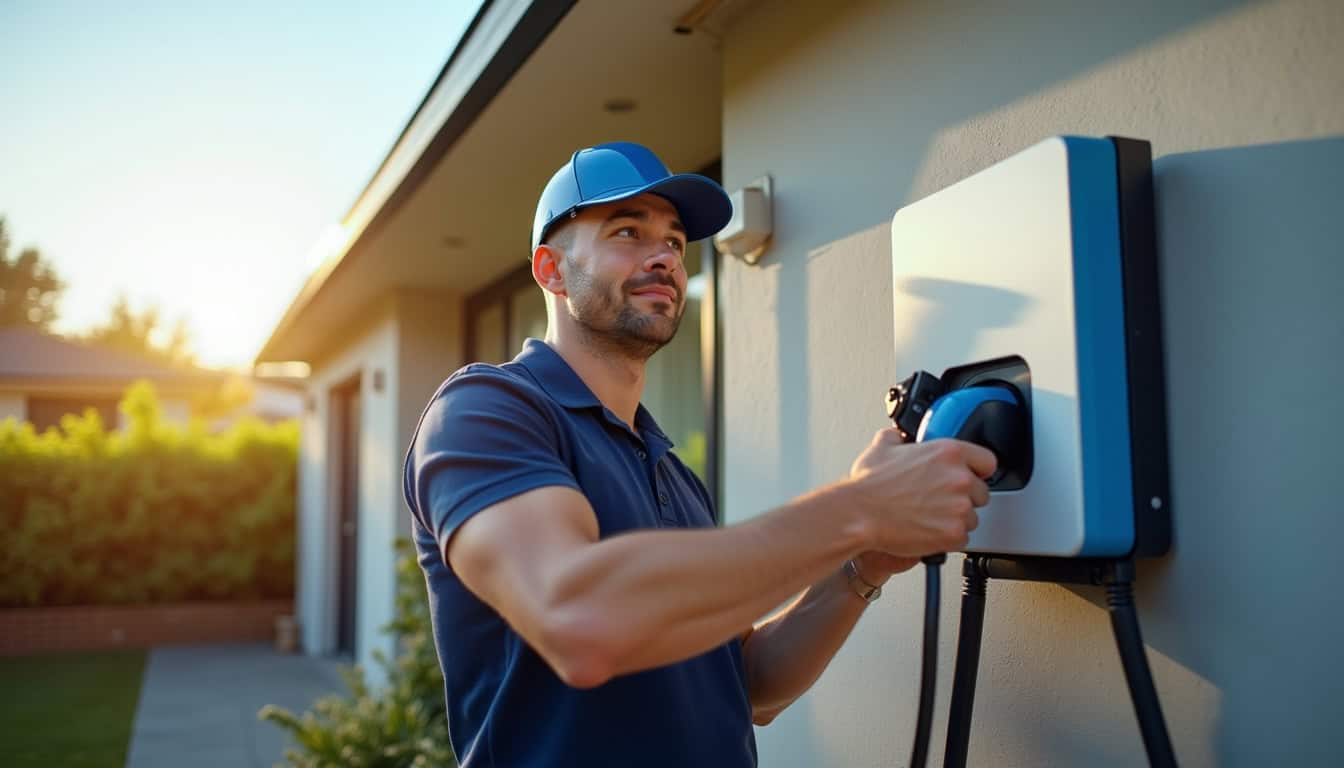 Électricien en train d'installer une borne de recharge pour véhicule électrique sur un mur extérieur