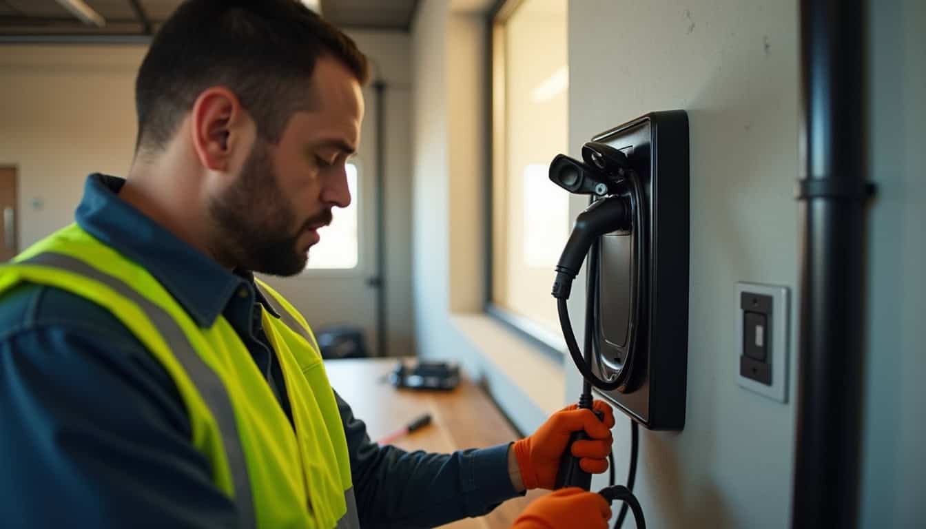 Électricien en train d’installer une borne de recharge pour véhicule électrique
