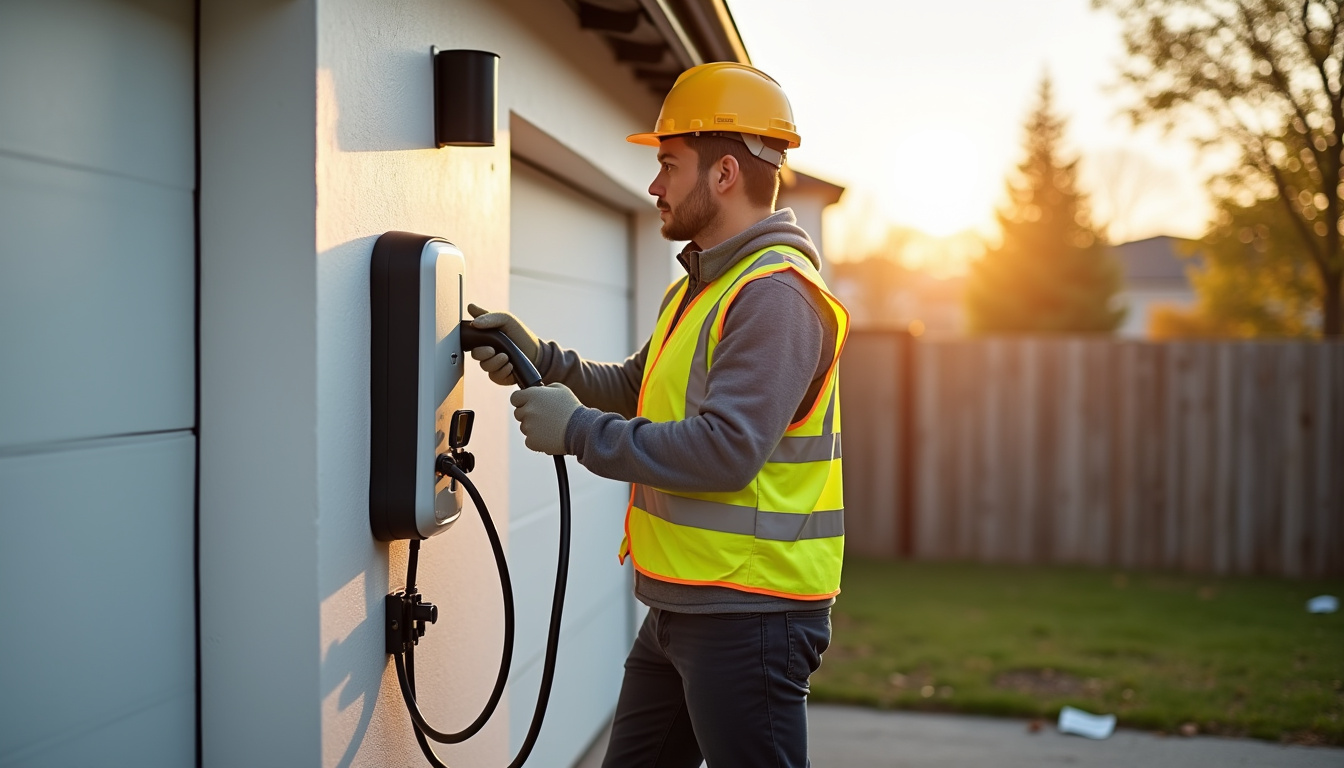 Électricien en train d'installer une borne de recharge pour véhicule électrique