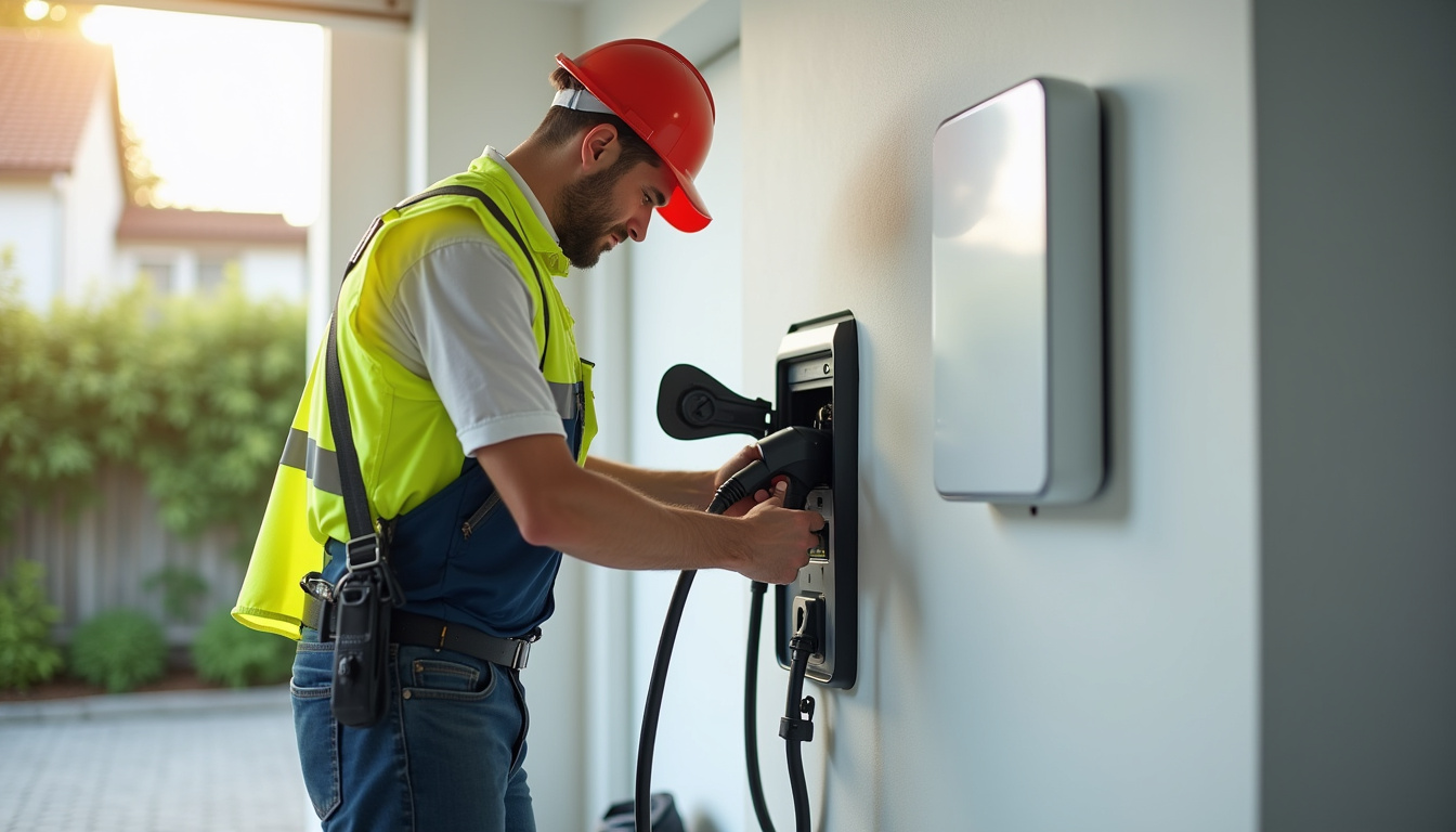 Électricien en train d'installer une borne de recharge pour véhicule électrique