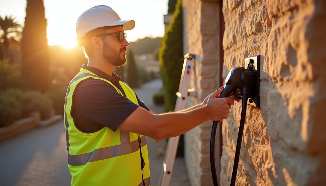 Électricien en train d'installer une borne de recharge pour voiture électrique à Arles
