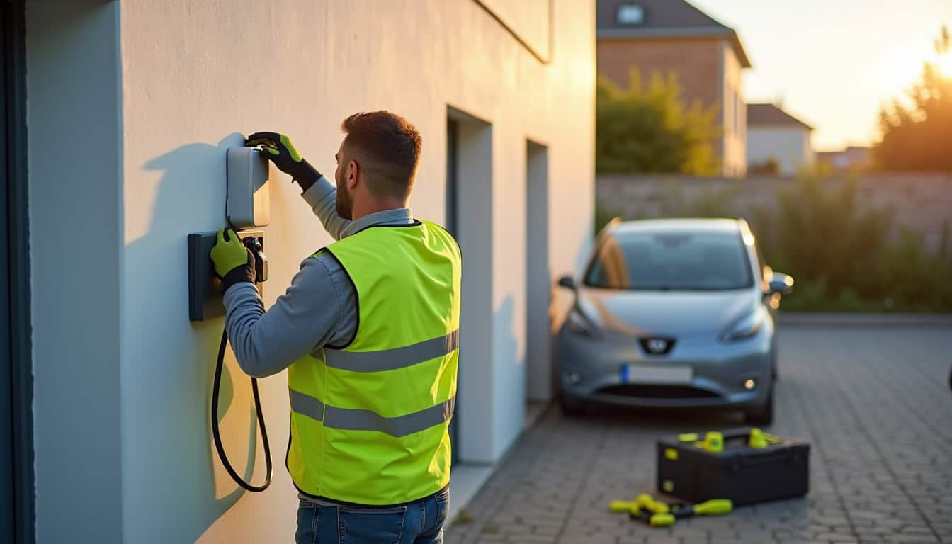 Électricien en train d’installer une borne de recharge pour voiture électrique à Saint-Cyr-les-Vignes