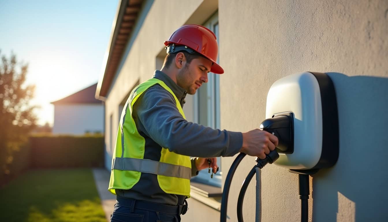 Électricien en train d'installer une borne de recharge pour voiture électrique à Saint-Hilaire-la-Palud