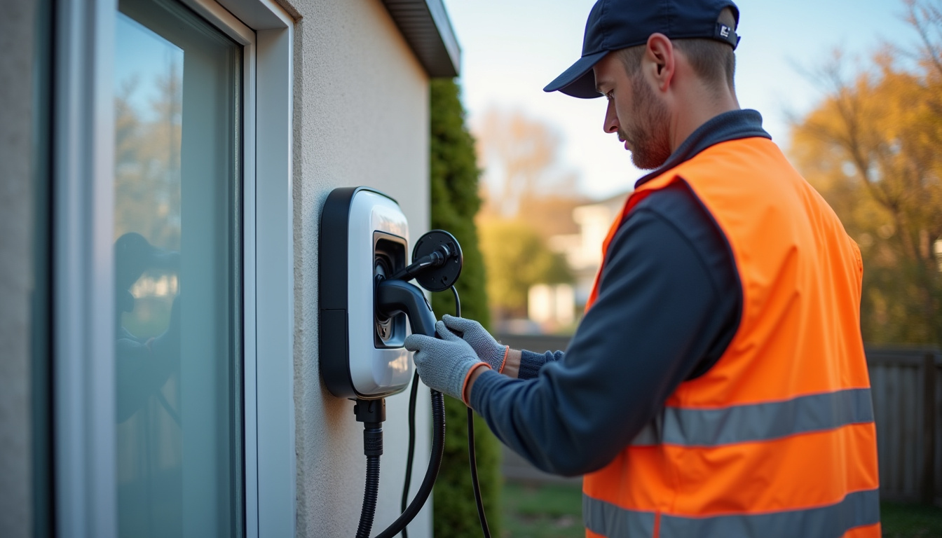 Électricien en train d'installer une borne de recharge pour voiture électrique à Sainte-Anastasie
