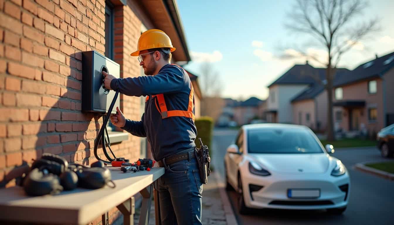 Électricien en train d'installer une borne de recharge pour voiture électrique à Sainte-Blandine