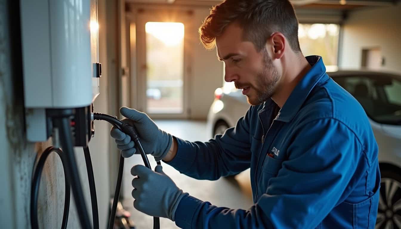 Électricien en train d’installer une borne de recharge pour voiture électrique dans un garage à Piégut-Pluviers