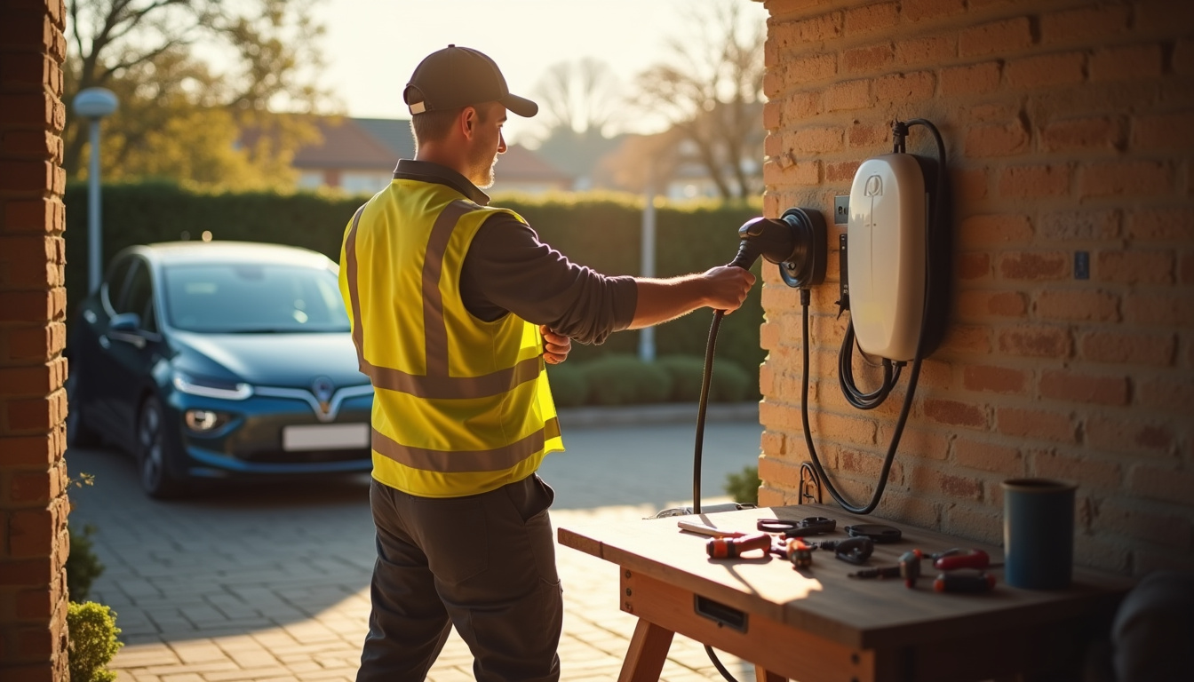 Électricien en train d'installer une borne de recharge pour voiture électrique devant un garage à Dun-le-Palestel