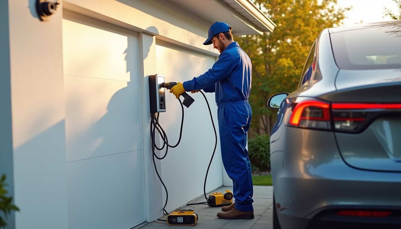 Électricien en train d’installer une borne de recharge pour voiture électrique