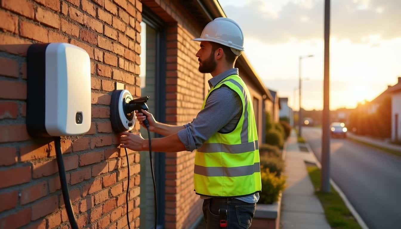Électricien en train d'installer une borne de recharge sur la façade d'une maison à Montpont-en-Bresse