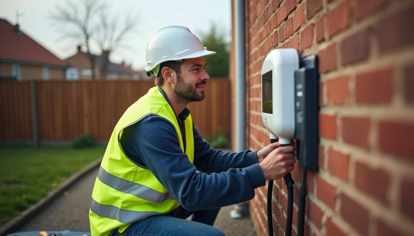 Électricien en train d'installer une borne de recharge sur un mur extérieur à Cattenom