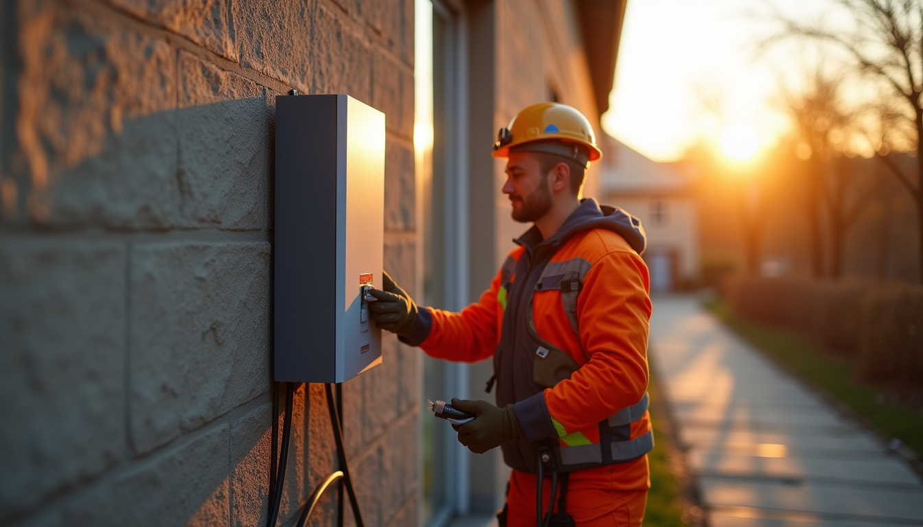 Électricien en train d’installer une borne de recharge sur un mur extérieur à Champagné-les-Marais